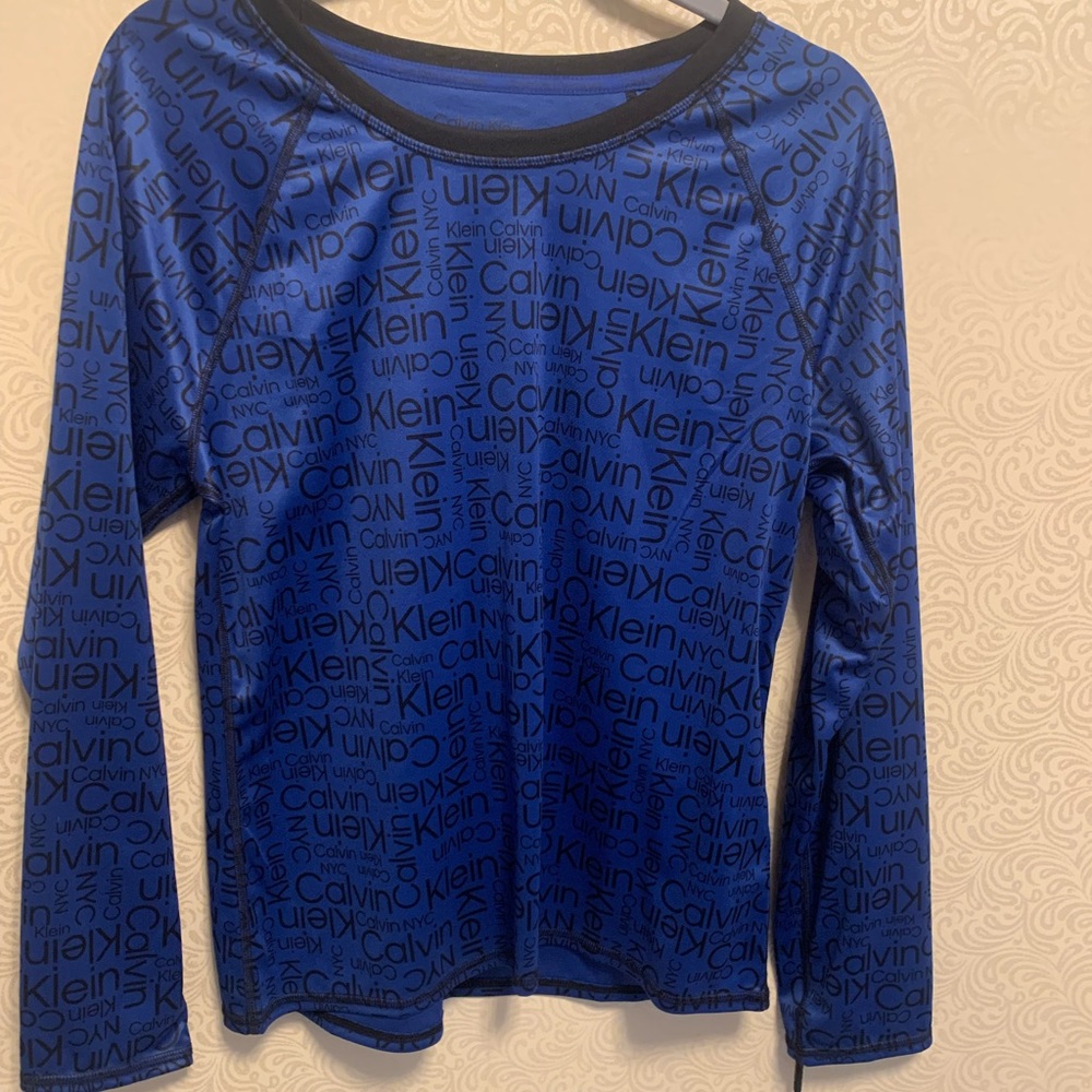 Calvin Klein Womens Swimwear Rash Guard Top Blue Black Logo UPF 40+ Size XLarge